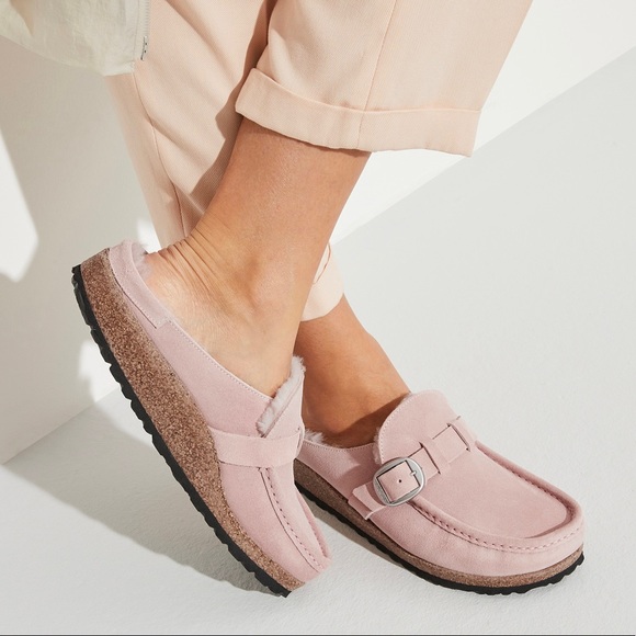 Birkenstock Buckley Suede Leather Shearling Clogs- Soft Pink